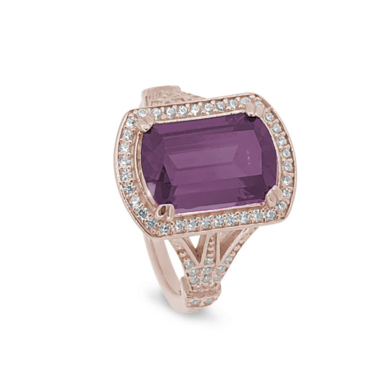 Rose gold finish sterling silver micropave emerald cut pink stone ring with simulated diamongs