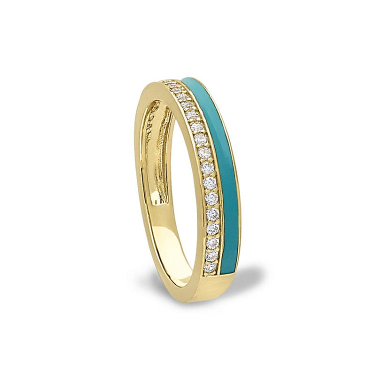 Gold vermeil sterling silver micropave ring with with turquoise enamel and simulated diamondss