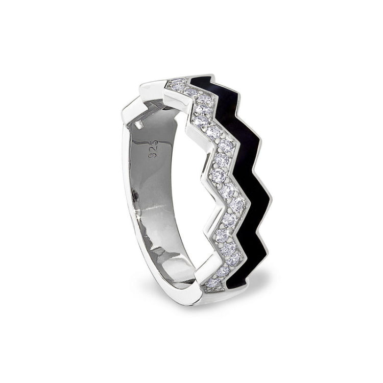 Platinum finish sterling silver micropave ring with with black enamel and simulated diamondss