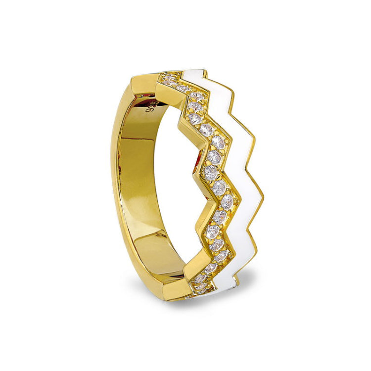 Gold vermeil sterling silver micropave ring with with white enamel and simulated diamondss