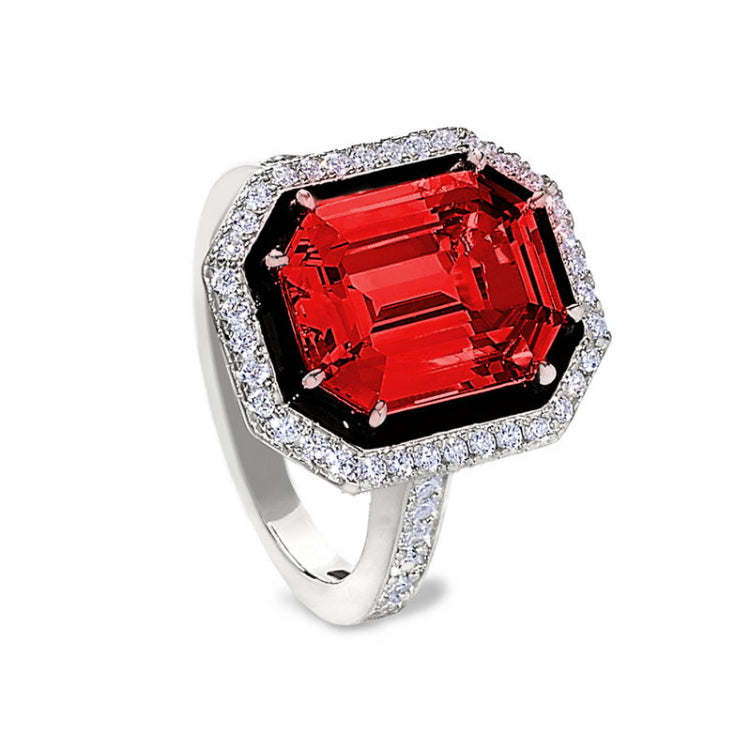 Platinum finish sterling silver micropave black enamel & simulated ruby octagon ring with simulated diamonds - size 5