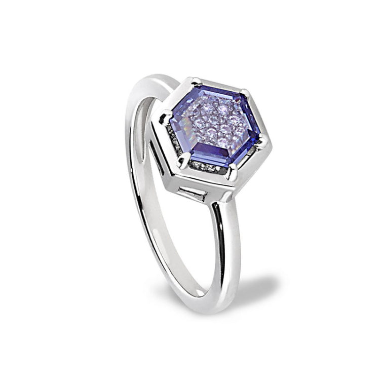 Platinum Finish Sterling Silver Flat Hexagon Synthetic Tanzanite Ring with synthetic Diamonds - Size 6