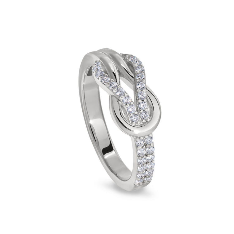 Platinum finish sterling silver micropave interlocking loops ring with simulated diamonds - size 5