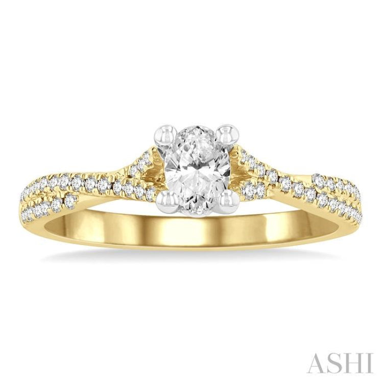 1/2 Ctw Split Criss Cross Round & Oval Cut Diamond Engagement Ring With 1/3 Ctw Oval Cut Center Stone in 14K Yellow and White Gold