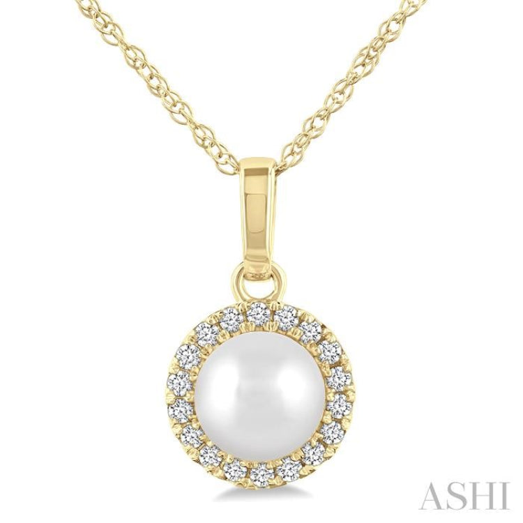 5 MM White Cultured Pearl and 1/20 Ctw Single Cut Diamond Halo Pendant With Chain in 10K Yellow Gold