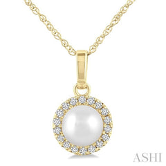 5 MM White Cultured Pearl and 1/20 Ctw Single Cut Diamond Halo Pendant With Chain in 10K Yellow Gold