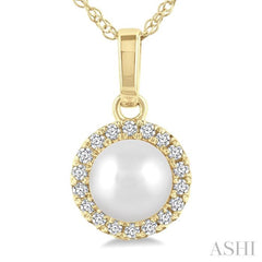 5 MM White Cultured Pearl and 1/20 Ctw Single Cut Diamond Halo Pendant With Chain in 10K Yellow Gold