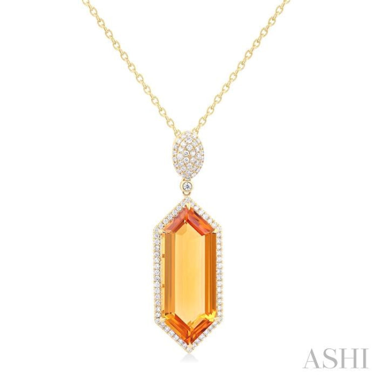 26x10 MM Hexagon Shape Citrine and 1/2 Ctw Round Cut Diamond Halo Semi-Precious Pendant With Chain in 14K Yellow Gold