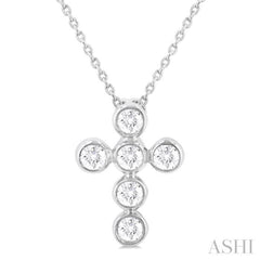 1/4 Ctw Round Cut Diamond 6-Stone Bezel Set Cross Pendant With Chain in 14K White Gold