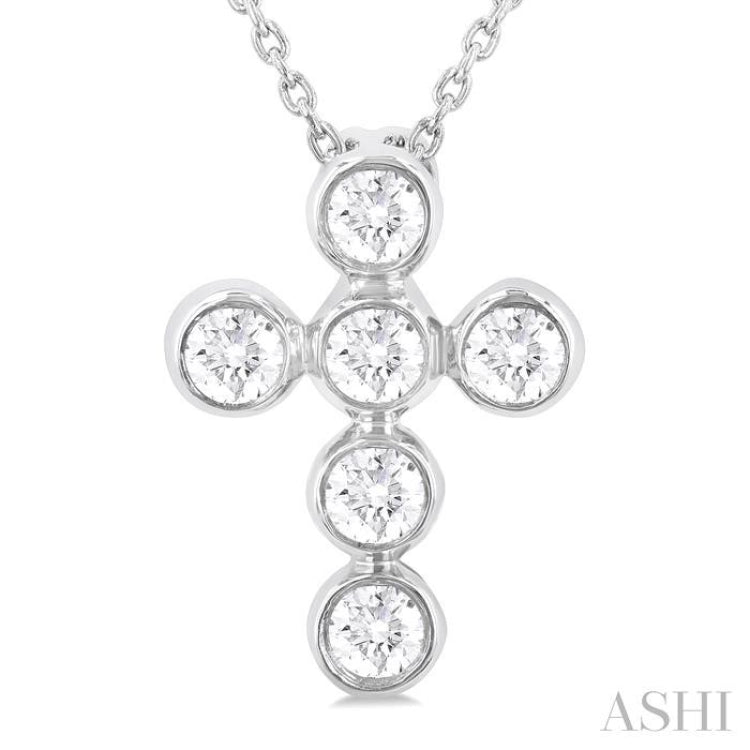 1/4 Ctw Round Cut Diamond 6-Stone Bezel Set Cross Pendant With Chain in 14K White Gold