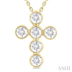 3/4 Ctw Round Cut Diamond 6-Stone Bezel Set Cross Pendant With Chain in 14K Yellow Gold