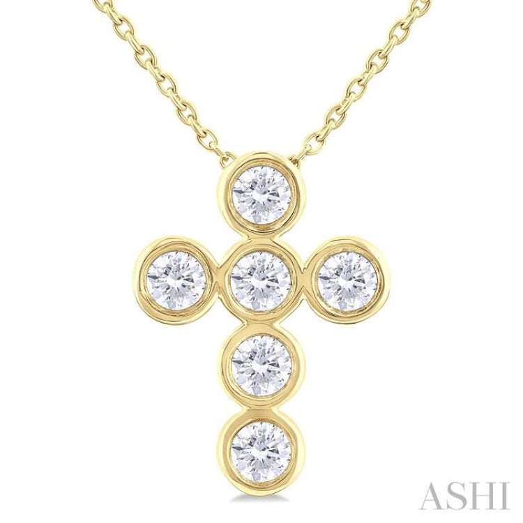 1/2 Ctw Round Cut Diamond 6-Stone Bezel Set Cross Pendant With Chain in 14K Yellow Gold