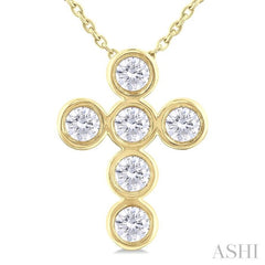 1/2 Ctw Round Cut Diamond 6-Stone Bezel Set Cross Pendant With Chain in 14K Yellow Gold