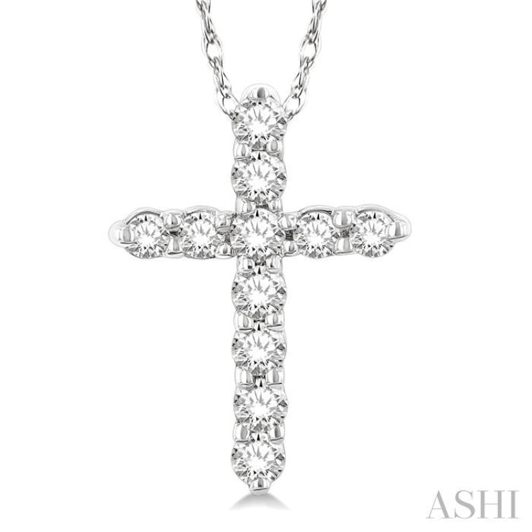 1/10 Ctw Round Cut Diamond Cross Pendant in 14K White Gold with Chain