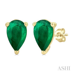 4X3 MM Pear Shape Emerald Precious Stud Earrings in 14K Yellow Gold