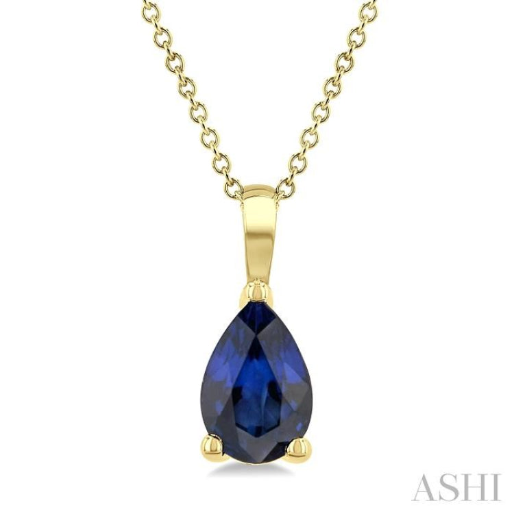 6X4 MM Pear Shape Sapphire Precious Solitaire Pendant With Chain in 14K Yellow Gold