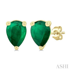 5X3 MM Pear Shape Emerald Precious Stud Earrings in 14K Yellow Gold