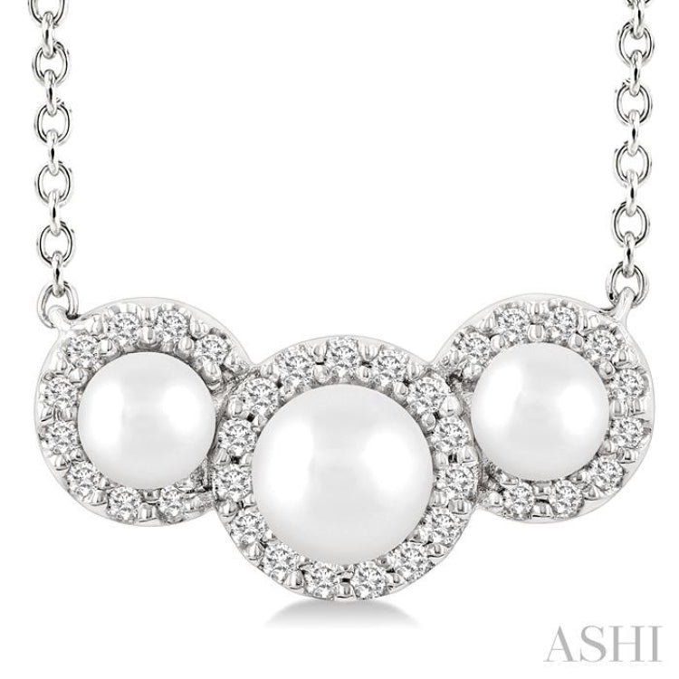 1/8 Ctw Past, Present & Future 4MM & 3MM Cultured Pearl and Round Cut Diamond Halo Pendant With Chain in 14K White Gold