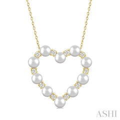 4 MM Round Shape Cultured Pearl and 1/3 Ctw Round Cut Diamond Heart Shape Pendant With Chain in 14K Yellow Gold