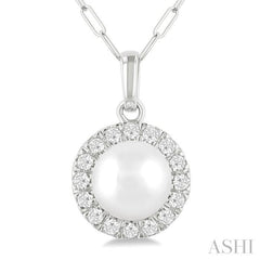 6 MM Cultured White Pearl and 1/6 Ctw Single Cut Diamond Halo Pendant With Chain in 14K White Gold