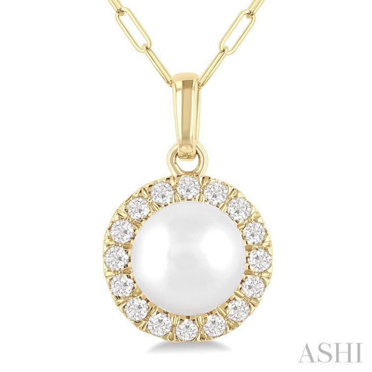 6 MM Cultured White Pearl and 1/6 Ctw Single Cut Diamond Halo Pendant With Chain in 14K Yellow Gold