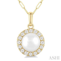 6 MM Cultured White Pearl and 1/6 Ctw Single Cut Diamond Halo Pendant With Chain in 10K Yellow Gold