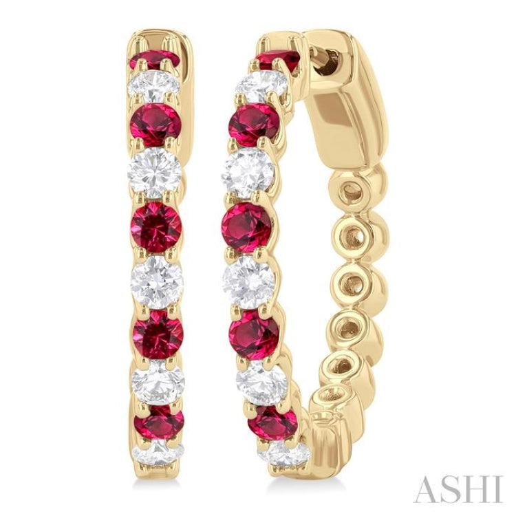 2.4 MM Round Cut Ruby and 5/8 Ctw Round Cut Diamond Precious Hoop Earring in 14K Yellow Gold