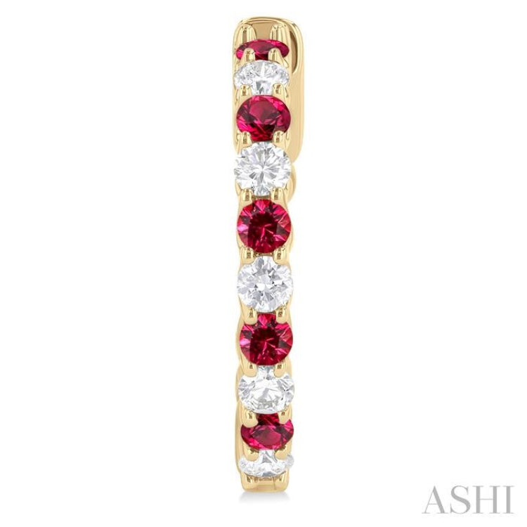 2.4 MM Round Cut Ruby and 5/8 Ctw Round Cut Diamond Precious Hoop Earrings in 14K Yellow Gold