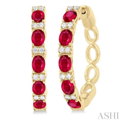 4X3 MM Oval Cut Ruby and 1/4 Ctw Round Cut Diamond Precious Hoop Earring in 14K Yellow Gold