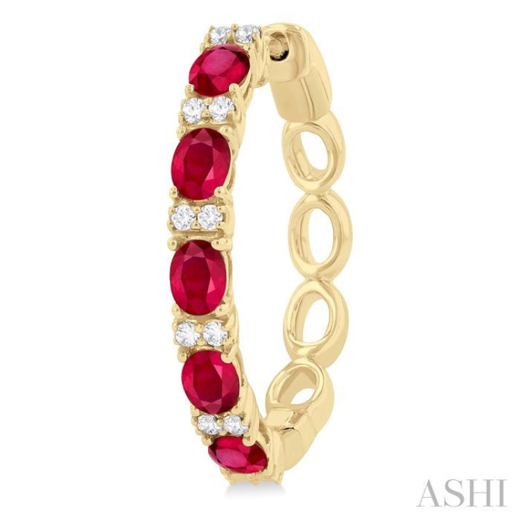 4X3 MM Oval Cut Ruby and 1/4 Ctw Round Cut Diamond Precious Hoop Earring in 14K Yellow Gold