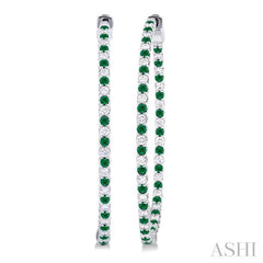 1.6 MM Round Emerald and 1 Ctw Round Cut Diamond Precious Inside-Out Alternating Hoop Earrings in 14K White Gold