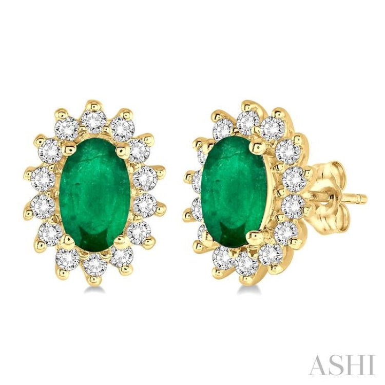 5x3 MM Oval Cut Center Emerald and 1/5 Ctw Round Cut Diamond Sunflower Precious Earrings in 10K Yellow Gold