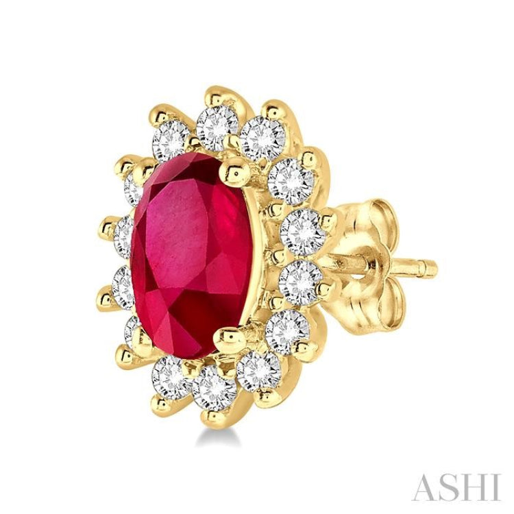 5x3 MM Oval Cut Center Ruby and 1/5 Ctw Round Cut Diamond Sunflower Precious Earrings in 10K Yellow Gold