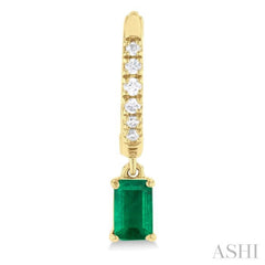 5x3 MM Emerald Cut Emerald and 1/8 Ctw Round Cut Diamond Precious Petite Fashion Huggies in 10K Yellow Gold