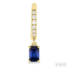 5x3 MM Emerald Cut Sapphire and 1/8 Ctw Round Cut Diamond Precious Petite Fashion Huggies in 10K Yellow Gold