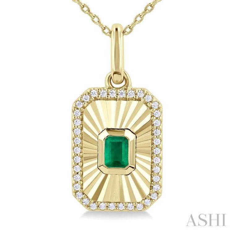 4X3 MM Octagon Shape Emerald and 1/8 Ctw Round Cut Diamond Precious Fluted Medallion Pendant in 10K Yellow Gold with Chain
