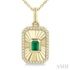 4X3 MM Octagon Shape Emerald and 1/8 Ctw Round Cut Diamond Precious Fluted Medallion Pendant in 10K Yellow Gold with Chain