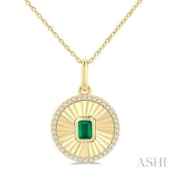 4X3 MM Octagon Shape Emerald and 1/8 Ctw Single Cut Diamond Precious Fluted Medallion Pendant in 10K Yellow Gold with Chain