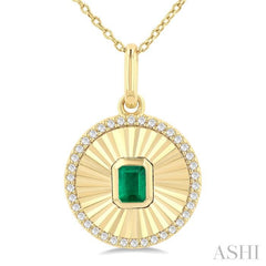 4X3 MM Octagon Shape Emerald and 1/8 Ctw Single Cut Diamond Precious Fluted Medallion Pendant in 10K Yellow Gold with Chain