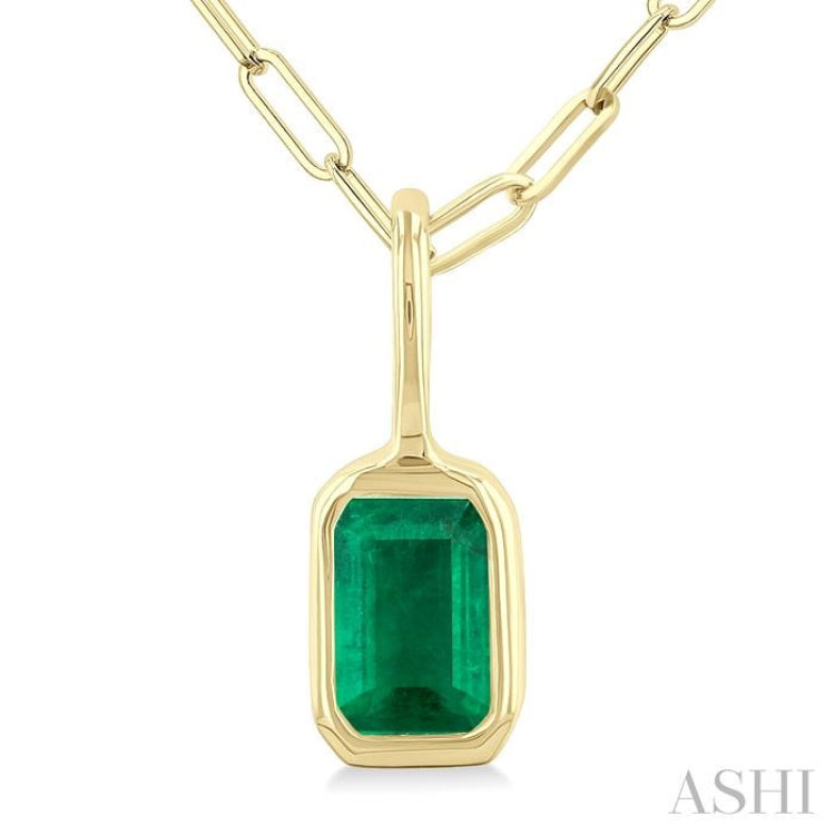 6x4 MM Bezel Set Emerald Cut Precious Fashion Pendant With Paperclip Chain in 14K Yellow Gold