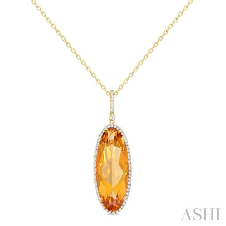 26x10 MM Oval Cut Citrine and 1/3 Ctw Round Cut Diamond Semi-Precious Pendant With Chain in 14K Yellow Gold