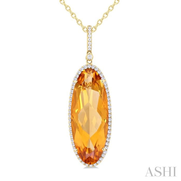 26x10 MM Oval Cut Citrine and 1/3 Ctw Round Cut Diamond Semi-Precious Pendant With Chain in 14K Yellow Gold