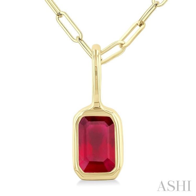 6x4 MM Bezel Set Emerald Cut Ruby Precious Fashion Pendant With Paperclip Chain in 14K Yellow Gold