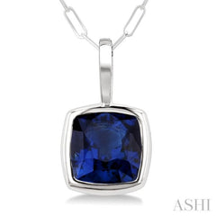 5x5 MM Cushion Cut Bezel Set Sapphire Precious Pendant With Chain in 14K White Gold