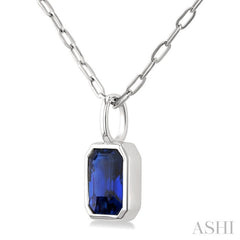 6x4 MM Bezel Set Emerald Cut Sapphire Precious Fashion Pendant With Paperclip Chain in 14K White Gold