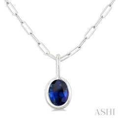 6x4 MM Bezel Set Oval Cut Sapphire Precious Fashion Pendant With Paperclip Chain in 14K White Gold
