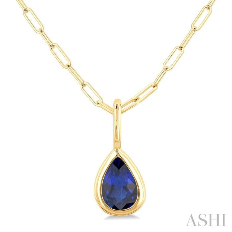 6x4 MM Bezel Set Pear Cut Sapphire Precious Fashion Pendant With Paperclip Chain in 14K Yellow Gold