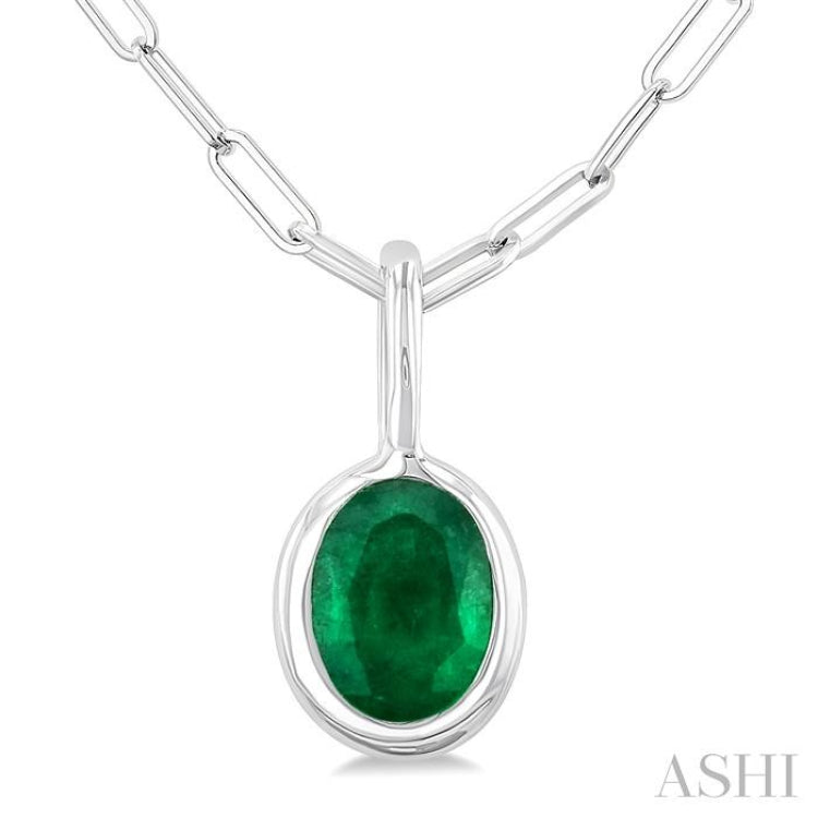 6x4 MM Bezel Set Oval Cut Emerald Precious Fashion Pendant With Paperclip Chain in 10K White Gold