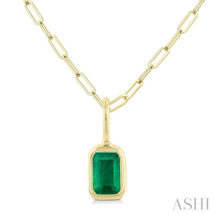 6x4 MM Bezel Set Emerald Precious Fashion Pendant With Paperclip Chain in 10K Yellow Gold