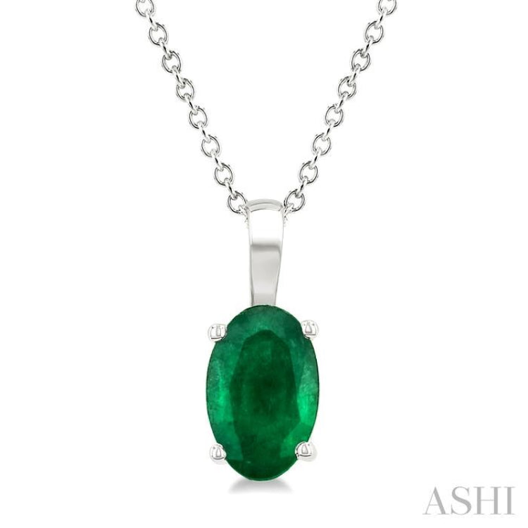6X4 MM Oval Shape Emerald Precious Solitaire Pendant With Chain in 14K White Gold